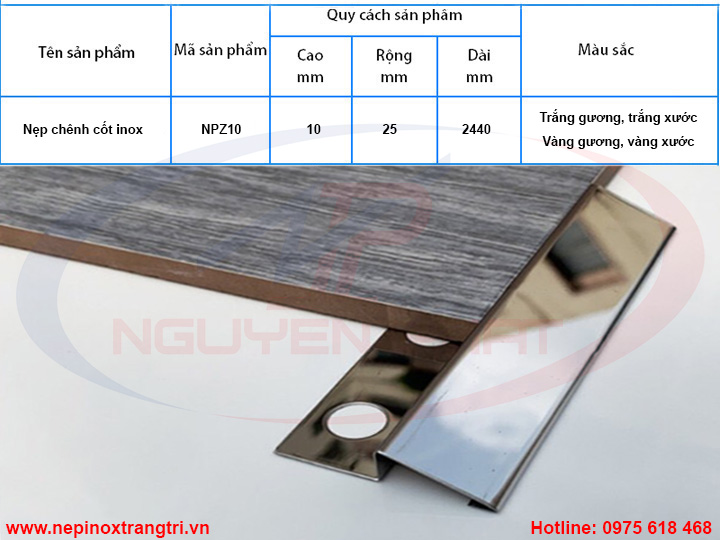 kích thước cơ bản của nẹp chênh cốt inox